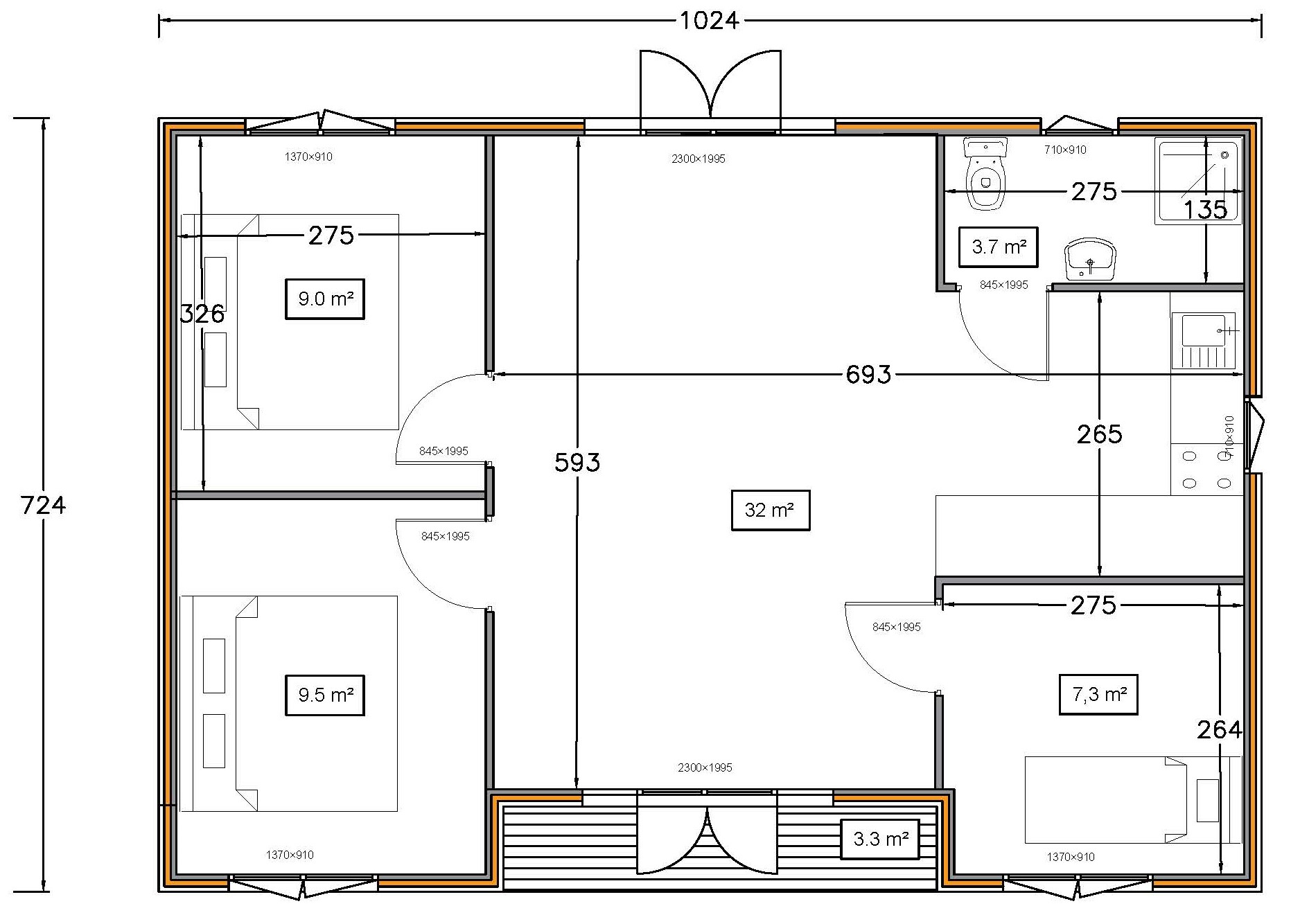 Plan chalet en bois massif autonome 61m² Tulipe Plan chalet en bois massif 60m²